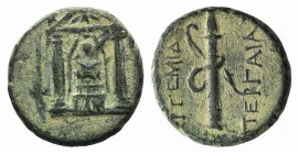 Pamphylia, Perge, c. 50-30 BC. Æ (16mm, 3.87g, 12h). Cult statue of Artemis Pergaia facing within distyle temple. R/ Bow and quiver. Colin series 7.2;...