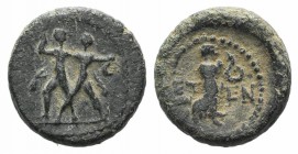 Pisidia, Etenna, c. 1st century BC. Æ (13mm, 2.56g, 1h). Two men standing side by side; the l. brandishing double-axe, the r. sickle. R/ Nymph advanci...