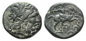 Pisidia, Isinda, 2nd-1st century BC. Æ (19mm, 6.15g, 12h). Laureate head of Zeus r. R/ Horseman galloping r., spearing serpent. SNG BnF 1570ff. Green ...