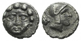 Pisidia, Selge, c. 350-300 BC. AR Obol (8mm, 0.67g, 12h). Facing gorgoneion. R/ Helmeted head of Athena r., astralagos behind. SNG BnF 1934. Toned, VF...