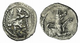 Lycaonia, Laranda, c. 324/3 BC. AR Obol (11mm, 0.44g, 6h). Baaltars seated l., holding grain ear, grape bunch, and sceptre. R/ Forepart of wolf r.; in...