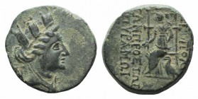 Cilicia, Hieropolis-Kastabala, c. 2nd-1st century BC. Æ (19mm, 5.53g, 12h). Turreted bust of Tyche r., monogram behind. R/ Goddess seated l., holding ...