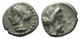 Cilicia, Nagidos, c. 400-380 BC. AR Obol (8mm, 0.74g, 1h). Head of Aphrodite l., hair in sphendone. R/ Bearded head of Dionysos r. Göktürk 3 var. (hea...