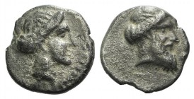 Cilicia, Nagidos, c. 400-380 BC. AR Obol (8mm, 0.62g, 7h). Head of Aphrodite r. R/ Bearded head of Dionysos r., wearing ivy wreath. SNG BnF 15; SNG Le...