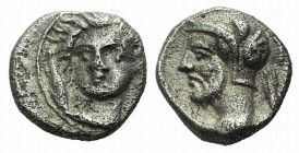 Cilicia, Tarsos. Pharnabazos (380-374/3 BC). AR Obol (7mm, 0.73g, 3h), c. 380 BC. Female head facing slightly l.; dolphins flanking. R/ Bearded head l...