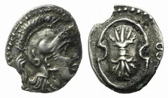 Cilicia, Tarsos. Balakros (Satrap of Cilicia, 333-323 BC). AR Obol (9mm, 0.60g, 12h). Helmeted head of Athena r. R/ Shield with thunderbolt; B to l., ...