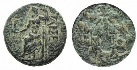 Cilicia, Tarsos, 164-27 BC. Æ (16mm, 3.58g, 12h). Club tied with fillets; monograms flanking; all within oak wreath. R/ Zeus Nikephoros seated l. SNG ...