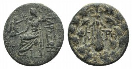 Cilicia, Tarsos, 164-27 BC. Æ (17.5mm, 4.37g, 12h). Club tied with fillets; monograms flanking; all within oak wreath. R/ Zeus Nikephoros seated l. SN...