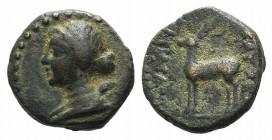 Kings of Cappadocia, Ariarathes X (42-36 BC). Æ Chalkous (15.5mm, 3.87g, 6h), Eusebeia. Draped bust of Artemis l., holding quiver on shoulder. R/ Stag...