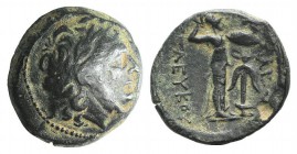 Seleukid Kings, Seleukos I (312-281 BC). Æ (21mm, 8.41g, 9h). Antioch, c. 300-281. Laureate head of Apollo r. R/ Athena Promachos r.; Seleukid anchor ...