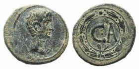 Augustus (27 BC-AD 14). Mysia, Pergamum, Æ As (26mm, 9.84g, 12), c. 27-6. Bare-head r. R/ CA within wreath. RIC I 495; RPC I 4103. Green patina, VF
