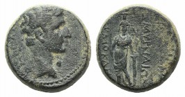 Augustus (27 BC-AD 14). Ionia, Smyrna. Æ (17mm, 7.49g, 12h). Hermokles, magistrate, c. 15 BC. Bare head r. R/ Aphrodite Stratonikis standing facing, h...