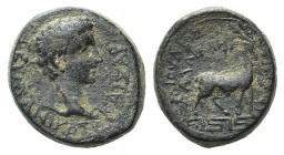 Germanicus (Caesar, 15 BC-AD 19). Phrygia, Apameia. Æ (14mm, 3.33g, 12h). Gaius Julius Callicles, magistrate. Bare head r. R/ Stag standing r. on maea...