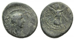 Gaius (Caligula, 37-41). Ionia, Smyrna. Æ (17mm, 3.35g, 6h). C. Calpurnius Aviola, proconsul. Menophanes, magistrate. Laureate head r. R/ Nike advanci...