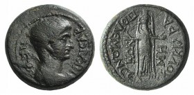 Nero (Caesar, 50-54). Caria, Cidrama. Æ (20mm, 6.91g, 12h). Polemon Seleukos, magistrate. Bare-headed and draped bust r. R/ Facing Goddess with outstr...