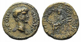 Nero (Caesar, 50-54). Lydia, Mostene. Æ (14mm, 2.41g, 12h). Magistrate Pedanius. Bare head r. R/ Demeter, polos on head, seated l. on stool, holding c...