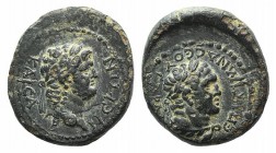 Nero (54-68). Lydia, Sardis. Æ (16mm, 3.13g, 12h). Mindios, magistrate, c. AD 60. Laureate head of Nero r. R/ Laureate head of Hercules r., with lion’...