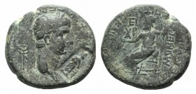 Nero (54-68). Phrygia, Acmoneia. Æ (17mm, 3.72g, 12h). L. Servinius Capito, magistrate, and his wife, Iulia Severa, c. AD 62. Laureate head r.; caduce...