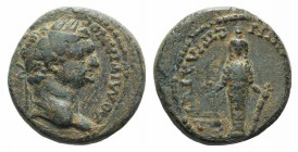 Domitian (81-96). Lydia, Philadelphia. Æ (17mm, 3.99g, 6h). Lagetes, magistrate. Laureate head r. R/ Facing cult-statue of Artemis. RPC II 1334; SNG M...
