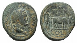 Titus (79-81). Pisidia, Antioch. Æ (22mm, 6.75g, 12h). Laureate head r. R/ Founder plowing r. with yoke of oxen. RPC II 1605; SNG BnF 1076. Green pati...