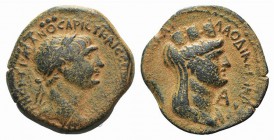 Trajan (98-117). Seleucis and Pieria, Laodicea ad Mare. Æ (25mm, 8.65g, 12h). Dated CY 162 (114/5). Laureate bust r., slight drapery. R/ Veiled and tu...