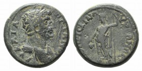Hadrian (117-138). Lydia, Hyrcanis. Æ (18mm, 5.11g, 6h). M. Peducaeus Priscinus, procos. Laureate and draped bust r. R/ Dionysus standing l., holding ...