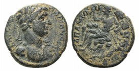 Hadrian (117-138). Phrygia, Apamea. Æ (19mm, 3.64g, 12h). Laureate bust r., wearing aegis. R/ River god Marsyas reclining l. within cavern, holding co...