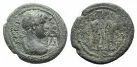 Hadrian (117-138). Pisidia, Adada. Æ (23mm, 7.47g, 6h). Laureate, draped and cuirassed bust r., seen from behind; c/m: A. R/ Dioscuri standing facing,...