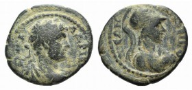 Hadrian (117-138). Lycaonia, Iconium. Æ (20mm, 4.25g, 6h). Laureate, draped and cuirassed bust r. R/ Helmeted bust of Athena r. RPC III 2824; SNG BnF ...