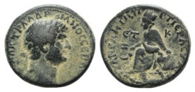 Hadrian (117-138). Cappadocia, Tyana. Æ (26mm, 10.52g, 12h), year 20 (135/6). Laureate head r. R/ Tyche seated l., holding ears of corn and resting on...