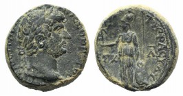 Hadrian (117-138). Cappadocia, Tyana. Æ (18mm, 6.09g, 12h). Laureate head r. R/ Athena standing l., holding Nike and resting on shield and spear. RPC ...