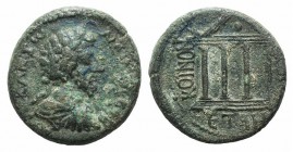 Marcus Aurelius (161-180). Koinon of Pontus. Æ (24mm, 9.30g, 1h), year 98 (161/2). Laureate, draped and cuirassed bust r. R/ Tetrastyle temple with gl...