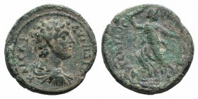Marcus Aurelius (Caesar, 139-161). Pamphylia, Perge. Æ (20mm, 5.20g, 6h). Bare-headed, draped and cuirassed bust r. R/ Artemis Pergaia advancing l., h...