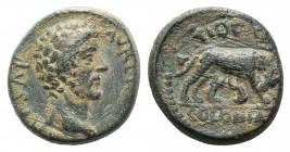 Marcus Aurelius (Caesar, 139-161). Pisidia, Antioch. Æ (17mm, 4.25g, 6h). Bare head r. R/ She-wolf standing r., suckling the twins. RPC IV online 7340...