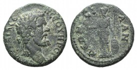 Septimius Severus (193-211). Lydia, Silandus. Æ (23mm, 6.95g, 12h). Laureate head r. R/ Athena standing l., holding owl and shield set on ground, spea...