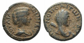 Julia Domna (Augusta, 193-217). Cilicia, Irenopolis-Neronias. Æ 1½ Assaria (17.5mm, 6.04g, 6h), year 161 (212/3). Draped bust r. R/ Veiled and draped ...