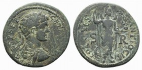 Geta (Caesar, 198-209). Pisidia, Antioch. Æ (34mm, 23.69g, 6h). Laureate, draped and cuirassed bust r. R/ Mên standing facing, l. foot on bucranium, l...