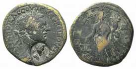 Macrinus (217-218). Bithynia, Prusa ad Olympum. Æ (28mm, 12.32g, 1h). Laureate head r.; c/m: laureate head r. R/ Dikaiosyne standing l., holding scale...