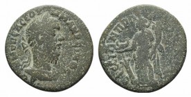 Macrinus (217-218). Ionia, Ephesus. Æ (22mm, 6.94g, 6h). Laureate, draped and cuirassed bust r. R/ Tyche standing l., holding rudder and cornucopia. B...
