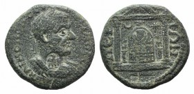 Macrinus (217-218). Pamphylia, Perge. Æ (23mm, 7.07g, 12h). Laureate and cuirassed bust r.; c/m: eagle l. with wings open. R/ Cult idol of Artemis Per...