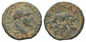 Macrinus (217-218). Seleucis and Pieria, Laodicea ad Mare. Æ (28mm, 9.19g, 12h). Laureate head r. R/ She-wolf to r., suckling twins Remus and Romulus....