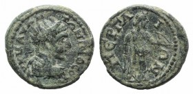 Elagabalus (218-222). Pamphylia, Perge. Æ (19mm, 3.85g, 12h). Radiate, draped and cuirassed bust r. R/ Artemis standing r., holding bow and arrow. SNG...