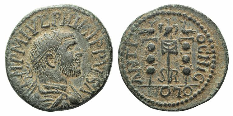 Philip I (244-249). Pisidia, Antioch. Æ (25mm, 7.88g, 1h). Radiate, draped and c...