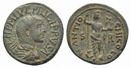 Philip I (244-249). Pisidia, Antioch. Æ (25mm, 6.55g, 1h). Bust radiate, draped and cuirassed r. R/ Mên standing r., wearing Phrygian cap and crescent...