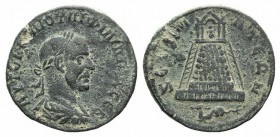 Philip I (244-249). Commagene, Zeugma. Æ (30mm, 16.19g, 6h). Laureate, draped and cuirassed bust r. R/ Tetrastyle temple atop hill, with structures at...