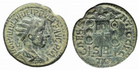 Philip II (247-249). Pisidia, Antioch. Æ (27mm, 12.89g, 12h). Radiate, draped and cuirassed bust r. R/ Three standards surmounted by aquila. SNG BnF 1...