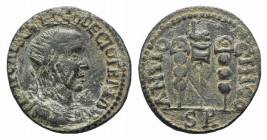 Trajan Decius (249-251). Pisidia, Antioch. Æ (24mm, 6.66g, 6h). Radiate, draped and cuirassed bust r. R/ Legionary aquila between two military standar...