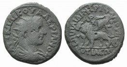 Valerian I (253-260). Phrygia, Cotiaeum. Æ (24mm, 8.38g, 7h). P. Aelius Demetrius, archon. Radiate, draped and cuirassed bust r. R/ Cybele seated l. o...