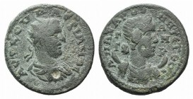 Valerian I (253-260). Cilicia, Anazarbus. Æ Triassarion (23mm, 10.41g, 6h), year 272 (253/4). Radiate, draped and cuirassed bust of Valerian r. R/ Dra...