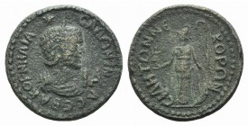 Salonina (Augusta, 254-268). Pamphylia, Side. Æ 11 Assaria (29mm, 17.67g, 6h). Diademed and draped bust r. on a crescent; I before. R/ Athena standing...